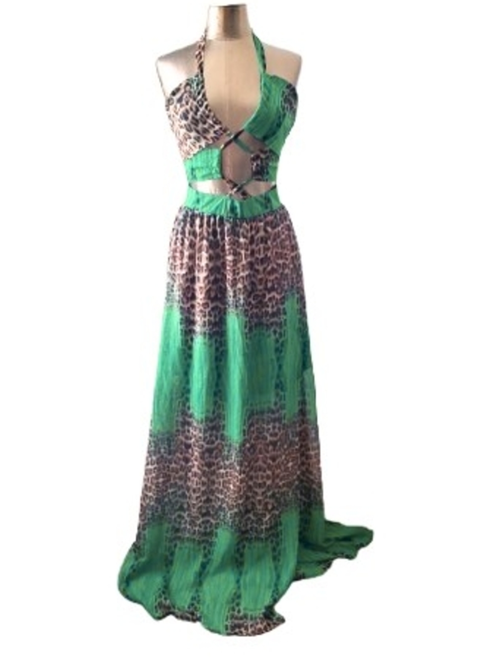 Love and Lemonade NWT Green Leopard-Print Halter Maxi Dress